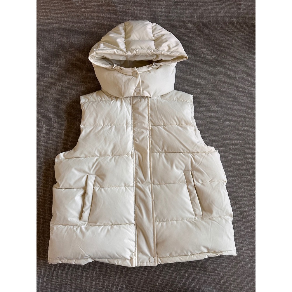 Commense Cream White Hooded Puffer Vest Sleeveless Quilted Jacket OA230925018 M